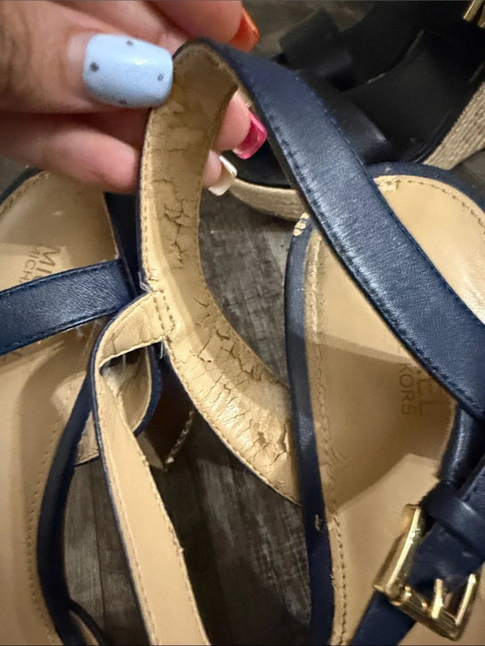 Women’s Navy Platform Sandals with Wood-Textured Heel 10M